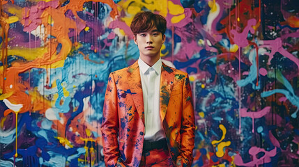 Wall Mural - High Korean Fashion model man in colorful bright lights posing in studio, portrait of beautiful sexy male with trendy make-up. Art design, colorful make up.