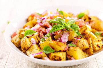 Poster - bowl of grilled potatoes with onion and basil