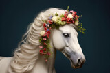 Fototapeta Konie - Mystic white mare with flowers woven in her mane. A snow-white horse with a flowery mane portrait on dark green background. Generative Ai.