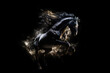© Asmodar - A black horse with a gorgeous mane against a cloud of golden sand. A dark concert of strength and freedom. Generative Ai.
