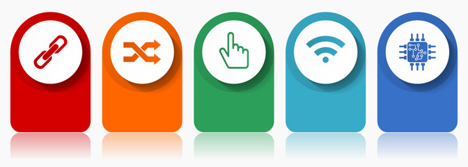Leinwandbilder - Web and internet icon set, miscellaneous vector icons such as chain, arrows, finger, signal and chip, modern design infographic template, web buttons in 5 color options