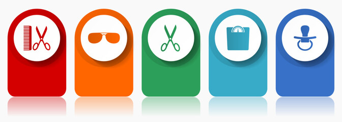 Aufkleber - Lifestyle icon set, miscellaneous vector icons such as barber, sun glasses, scissors, weight and nipple, modern design infographic template, web buttons in 5 color options