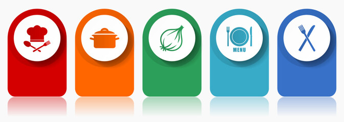 Fototapete - Food icon set, miscellaneous vector icons such as chef hat, pot, onion, menu and cutlery, modern design infographic template, web buttons in 5 color options