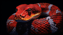 Deadly Red Mamba Snake In Aggressive Stance Ready To Strike, Black Background. Generative AI