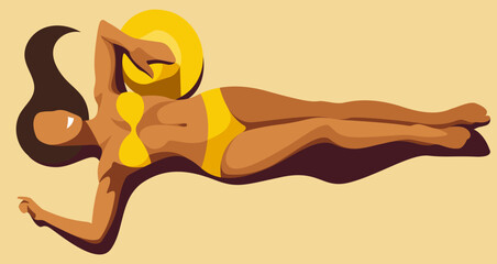 Wall Mural - vector image of a beautiful tanned girl in a yellow bikini and with a hat is sunbathing on the beach with her hair scattered on the sand. useful for summer holidays, resorts, hotels, beaches, vacation