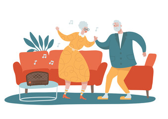 Funny Senior couple dancing together at home and enjoying their relationship. Livig roon inerior with red sofa. Flat hand drawn vector illustration.