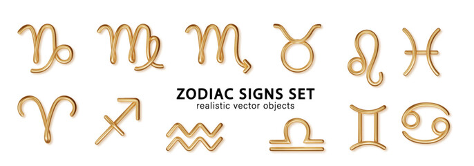 Zodiac gold signs with set with shadow. Luxury realistic 3d signs set for astrology horoscope predictions. Vector, png.