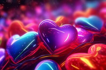 Cyber shiny hearts on black techno background. a shining concept of modern love. Techno cyber lights heart simoli romance, glow love, valentine day concept. Pink. 
