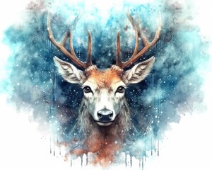 Wall Mural - art deer in space . dreamlike background with deer . Hand Drawn Style illustration