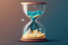 Creative 3D Hourglass With Ocean Waves And Sand On Flat Colored Background With Copy Space. Minimal Summer Time Concept, Time To Travel, Beach Relax. Generative AI 3d Render Illustration Imitation.