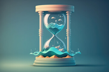 creative 3d hourglass with sea waves and sand on flat colored background with copy space. minimal su