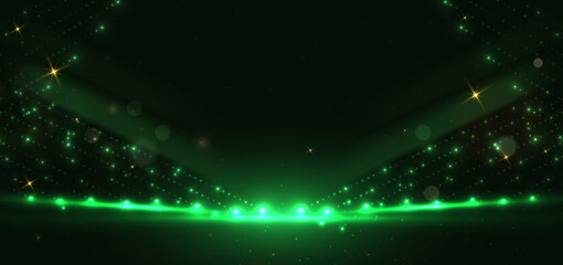 Abstract green dot lighting effect on dark green background with lighting effect and bokeh.