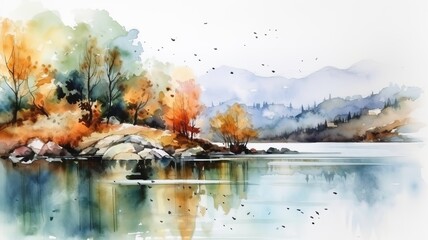 Beautiful picture of a watercolor landscape with a lake