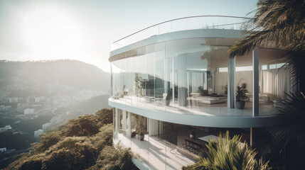 Poster - Sunshine, bright, all white, all glass and transparent glass house with curved glass tucked away in the hills of Rio de Janeiro home illuminated lights inside, luxury design, 