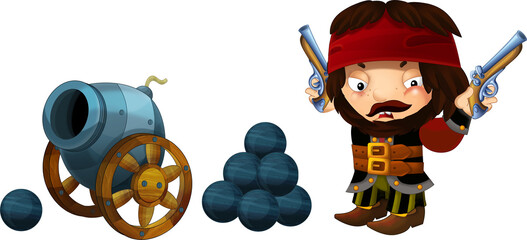 cartoon scene with pirate man fighting and old style cannon on whtie background - illustration for children