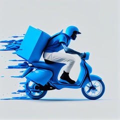 Young courier, delivery man in uniform with thermo backpack on a moped isolated on blue background. Fast transport express home delivery. Online order