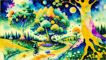 Wall Mural - Cycling Through a Colorful Meadow - An Artistic Journey with an Imaginative Tree