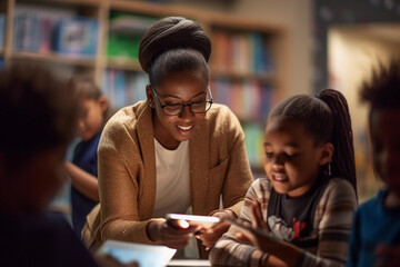 Smiling students and teachers in a classroom at school. E-learning and education concept. Generative AI