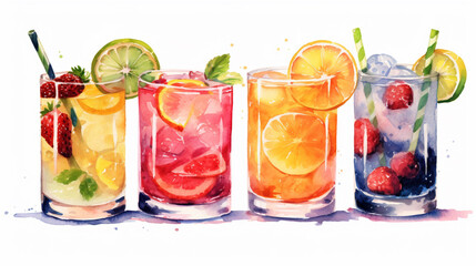 Watercolor painting of fresh fruits Summer cocktails isolated on a white background created with Generative AI technology