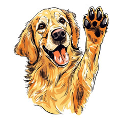 Wall Mural - Happy golden retriever dog smiling and waving with paw as a friendly greeting - Animal portrait illustration isolated on transparent background - Generative AI