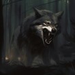 Snarling wolf in dark woods created with ai