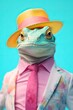 Fashionable anthropomorphic portrait of a pet animal lizzard wearing pastel business suit clothing and a hat with flowers, bright pastel colors, ultralight pink, baby blue background.