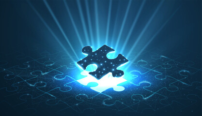 single puzzle under a puzzle pattern with a shining bright puzzle hole. 3d abstract low pole.