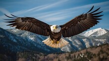  A Bald Eagle Flying In The Air With Mountains In The Background.  Generative Ai
