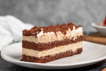 Traditional italian dessert tiramisu cake. Slice of chocolate cake with tiramisu cream and cocoa powder on dark table.