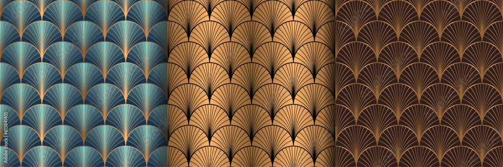 seamless pattern art deco with golden fan shape and line, luxury repeat ...