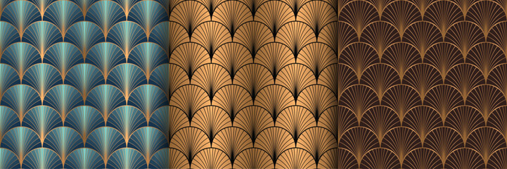 seamless pattern art deco with golden fan shape and line, luxury repeat background vector illustrati