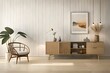 © Nyetock - Japanese minimalist style living room interior wall mockup with caned console, wicker basket lamp and dried pampas grass in ceramic vase on blank warm white background. 3d rendering, 3d illustration
