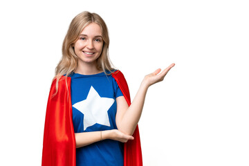 Wall Mural - Super Hero English woman over isolated background extending hands to the side for inviting to come