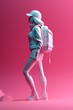 Leinwandbild Motiv Happy tourist girl  with backpack is ready for adventure. Travel and tourism. Hiking. AI generative