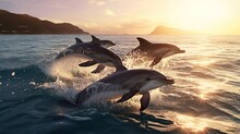  Three Dolphins Are Jumping Out Of The Water At The Same Time.  Generative Ai