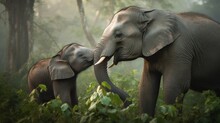  A Mother Elephant And Her Baby Elephant In A Forest Setting.  Generative Ai