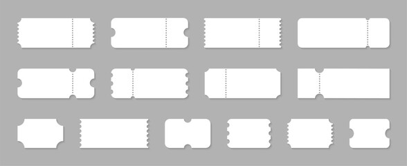 Blank ticket set. Empty ticket template. Coupons, lotterys, tickets movie, concert, boarding on transport. Vector illustration.
