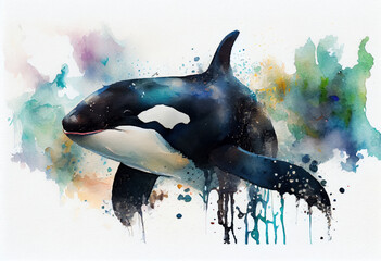 Wall Mural - Image of a watercolor drawing of an Orca. Generative AI