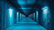 © enopi - ビルの地下道や地下室のコンクリート通路、その先にある青い入射光。ワイドフォーマット。手編集GenerativeAI