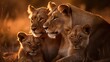  a group of lions sitting next to each other on a field.  generative ai