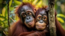  Two Young Oranguels Cuddle On A Tree Branch.  Generative Ai