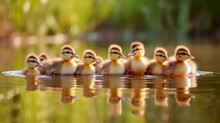  A Group Of Little Ducks Sitting On Top Of A Body Of Water.  Generative Ai