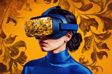 Modern woman in blue futuristic costume with golden elements in virtual reality glasses on a golden background AI Generative AI