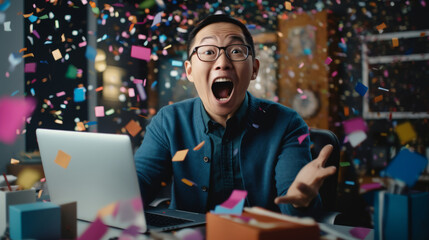 Surprised asian man using laptop computer at office with confetti, Generative AI