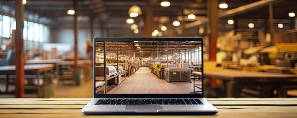 Front view of laptop with screen. Modern architecture in the background. generative ai