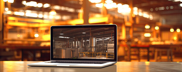 Front view of laptop with screen. Modern architecture in the background. generative ai