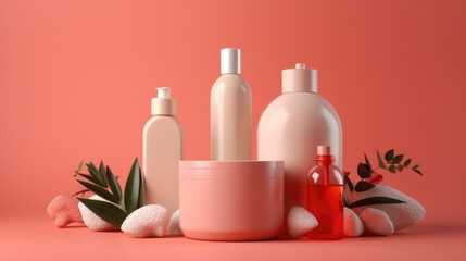 Wall Mural - Set of natural cosmetic products on color background. Generative AI