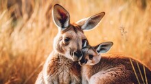  Two Kangaroos Cuddle Together In A Field Of Tall Grass.  Generative Ai