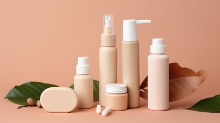 Wall Mural - Set of natural cosmetic products on color background. Generative AI