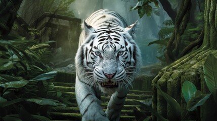 Wall Mural -  a white tiger walking through a lush green forest filled with trees.  generative ai